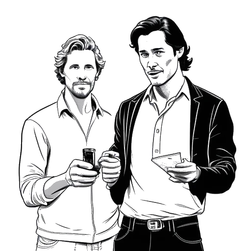 Line art drawing of a man representing Timothée Chalamet, standing next to Matthew McConaughey, holding a film reel labeled 'Interstellar'