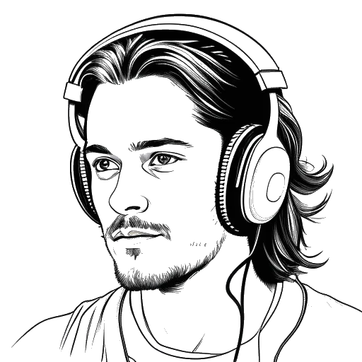 Dibujo de arte lineal de un hombre que representa a Timothée Chalamet, sosteniendo auriculares, con etiquetas de texto 'Leonardo DiCaprio' y 'Joaquin Phoenix' en el fondo
