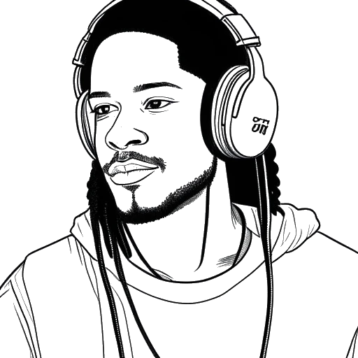 Dibujo de arte lineal de un hombre que representa a Timothée Chalamet, sosteniendo auriculares, con una etiqueta de texto 'Kid Cudi' en el fondo