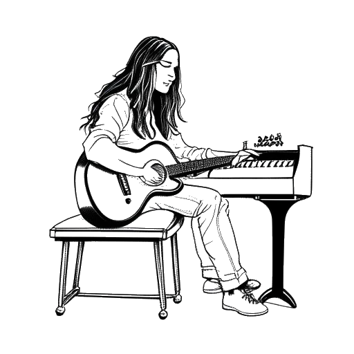 Dibujo de arte lineal de un hombre que representa a Timothée Chalamet, sosteniendo una guitarra y sentado en un piano