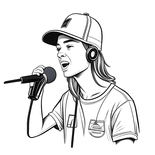 Dibujo de arte lineal de un hombre que representa a Timothée Chalamet, vistiendo una gorra de béisbol, sosteniendo un micrófono, con un logo de Spider-Man en el fondo