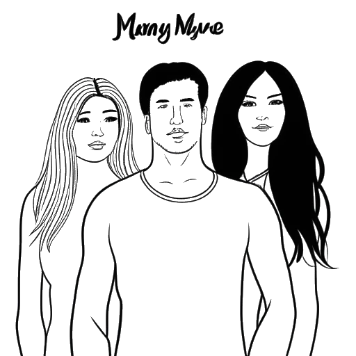 Line art drawing of a man representing Timothée Chalamet, standing between two women, with 'Madonna's daughter' and 'Kylie Jenner' text labels