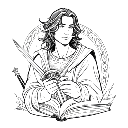 Dibujo de arte lineal de un hombre que representa a Timothée Chalamet, sosteniendo una espada, un libro y un dispositivo futurista, con los logotipos de 'The King', 'Mujercitas' y 'Dune' en el fondo
