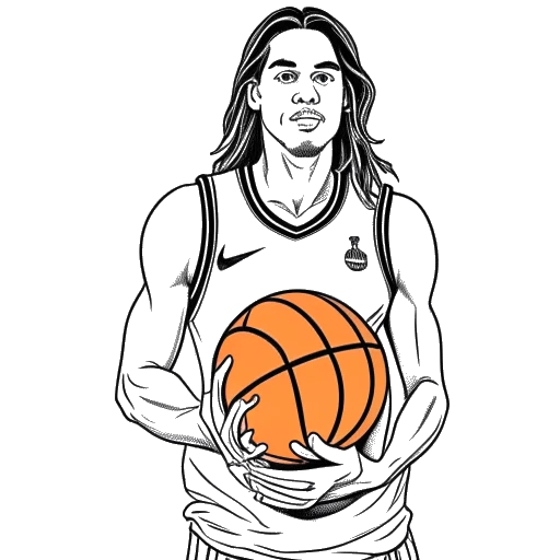 Disegno in stile line art di un uomo che rappresenta Timothée Chalamet, che tiene un pallone da basket e un pallone da calcio, con i loghi dei 'New York Knicks' e 'Saint-Étienne' sullo sfondo