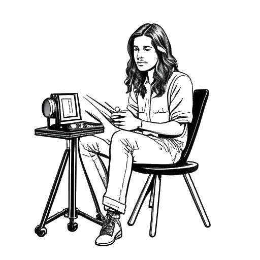 Line art drawing of a man representing Timothée Chalamet, holding a pen and notebook, with a film camera and director's chair in the background