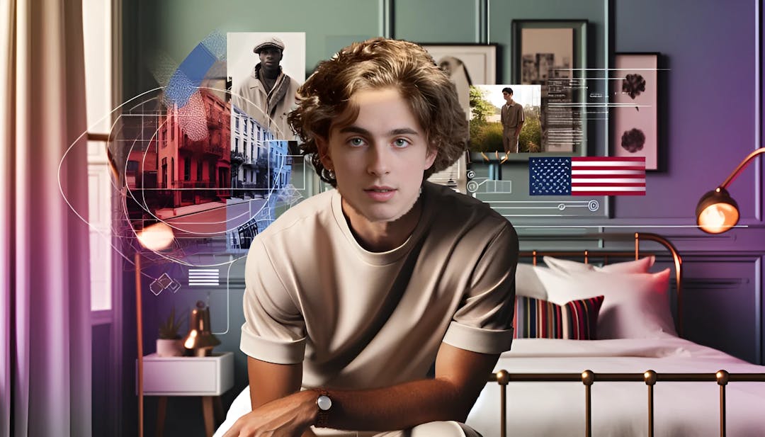 Timothée Chalamet seated in a bedroom with curly hair, wearing a light-colored t-shirt, dual flags in the background symbolizing his French-American heritage, magazines showcasing his fashion influence, high-resolution image