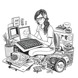 Line art drawing of a woman, representing Gab Smolders, deeply engaged in content creation, encircled by gaming equipment and filming devices in a vibrant environment.