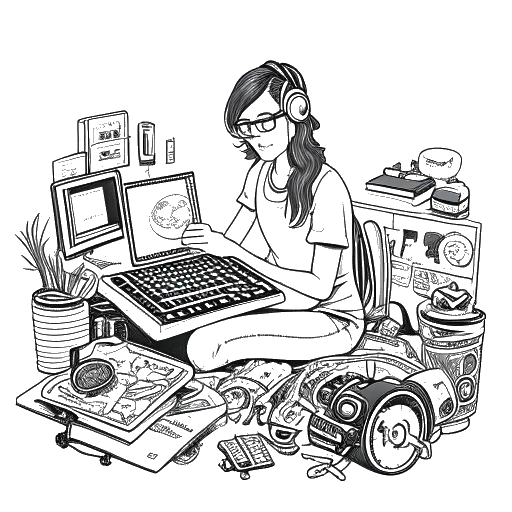 Desenho artístico de uma mulher, representando Gab Smolders, profundamente envolvida na criação de conteúdo, cercada por equipamentos de jogos e dispositivos de filmagem em um ambiente vibrante.