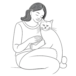 Dibujo de arte lineal de una mujer, que encarna a Gab Smolders, expresando amor y cuidado hacia su gato mascota en un ambiente hogareño, irradiando calidez.