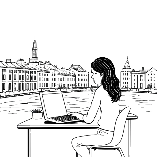 Dibujo de arte lineal de una mujer, representando a Gab Smolders, trabajando en un escritorio con un portátil, con el horizonte de Ámsterdam visible en el fondo