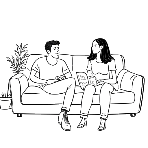 Desenho em arte linear de um casal sentado em um sofá, com um gato em primeiro plano, representando Gab Smolders, seu parceiro e seu gato, BB