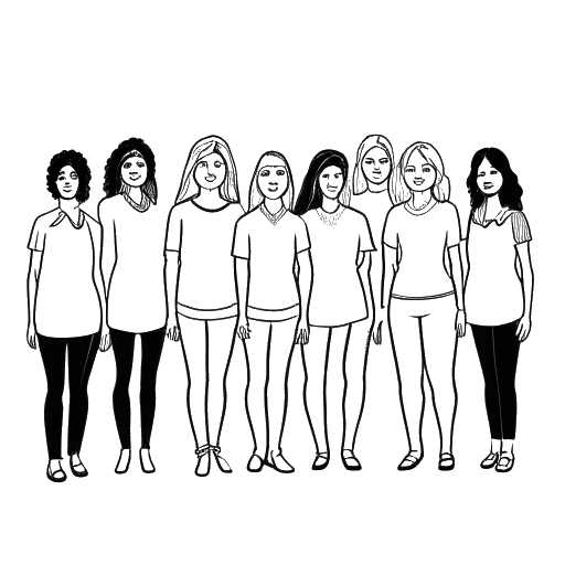 Disegno in bianco e nero di una donna, rappresentando Gab Smolders, in piedi con diverse altre persone, ciascuna contrassegnata col loro nome