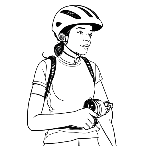 Disegno in bianco e nero di una donna, rappresentando Gab Smolders, con una clavicola rotta, con un tutore, tenendo un casco da bicicletta