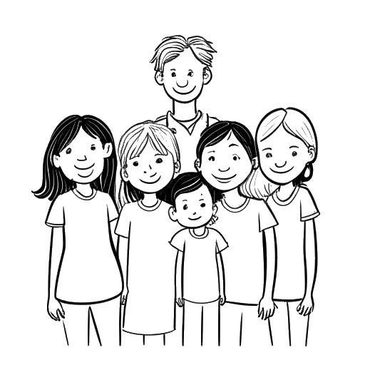 Desenho em arte linear de uma família, representando a família de Gab Smolders, com a irmã mais nova, Gab, no centro
