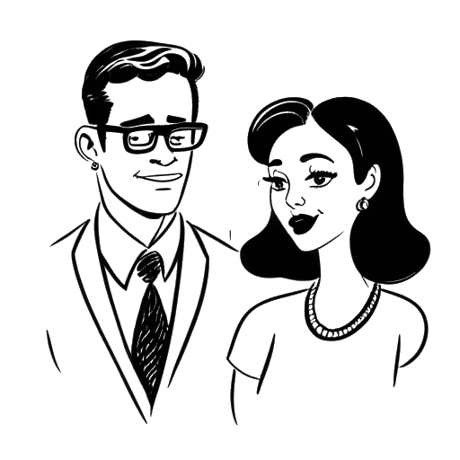 Dessin en noir et blanc d'un couple, représentant Gab Smolders et son ex-mari, avec l'homme étiqueté 'Gab-Man'