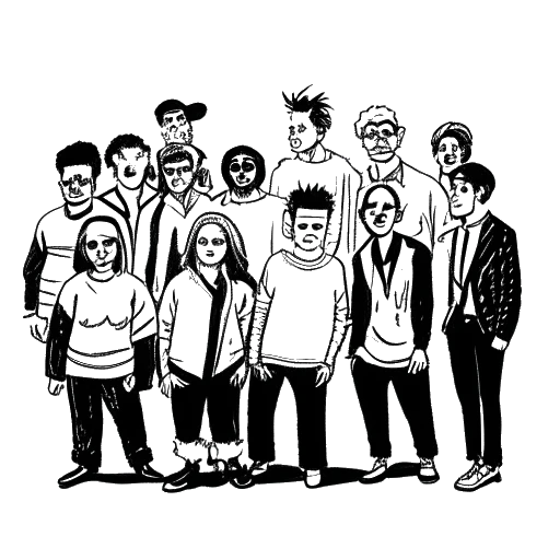 Disegno in bianco e nero di un gruppo di persone, rappresentando i fan di Gab Smolders, ognuno contrassegnato come 'Gabber'