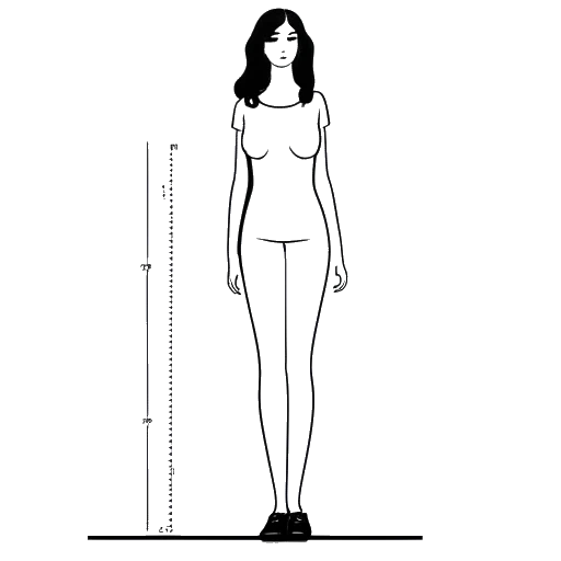 Line art drawing of a woman standing next to a ruler, with her height and weight labeled, representing Gab Smolders