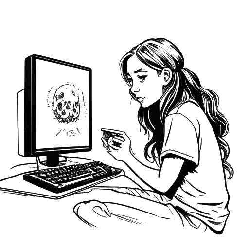 Desenho em arte linear de uma mulher, representando Gab Smolders, jogando um videogame, com um jogo de terror exibido na tela