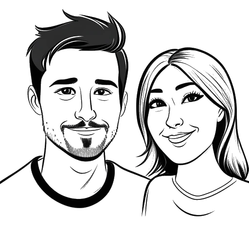 Dessin en noir et blanc d'un couple, représentant Gab Smolders et son partenaire, avec l'homme étiqueté 'Jacksepticeye'