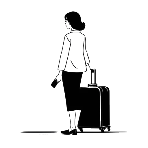 Line art drawing of a woman, representing Gab Smolders, standing in front of the Japanese flag, with a suitcase at her side