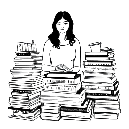 Dessin en noir et blanc d'une femme, représentant Gab Smolders, entourée de livres dans plusieurs langues