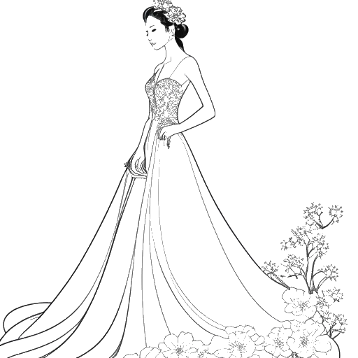 Disegno in bianco e nero di una donna, rappresentando Gab Smolders, che fa da modella in un abito da sposa, di fronte a uno sfondo giapponese