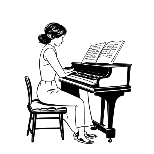 Disegno in bianco e nero di una donna che suona il piano, con un libro di cucina e una telecamera visibili sullo sfondo, rappresentando Gab Smolders