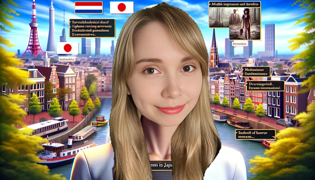 Gab Smolders, eine Frau mit heller Haut und einer schlanken Statur, in professioneller Kleidung vor einem Hintergrund, der niederländische und japanische Wahrzeichen kombiniert. Die Szene enthält subtile Horror-Spielelemente, die den Inhalt ihres YouTube-Kanals symbolisieren.