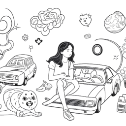 Desenho representando a vida pessoal de Corinna Kopf, mostrando relacionamentos interconectados, símbolos de defesa da saúde mental, carros de luxo e uma cena relaxante com video games e cães, encapsulando sua personalidade multifacetada.