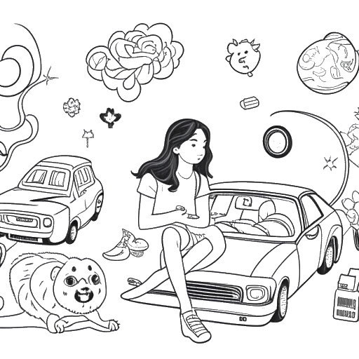 Desenho representando a vida pessoal de Corinna Kopf, mostrando relacionamentos interconectados, símbolos de defesa da saúde mental, carros de luxo e uma cena relaxante com video games e cães, encapsulando sua personalidade multifacetada.