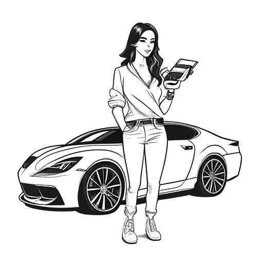 Arte de uma linha de uma mulher, representando Corinna Kopf, segurando um controle e dinheiro, ao lado de um carro de luxo com uma tatuagem de marca, encapsulando suas diversas fontes de renda.