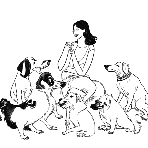 Desenho de arte de linha de Corinna Kopf, uma mulher cercada por vários cães, brincando com eles.