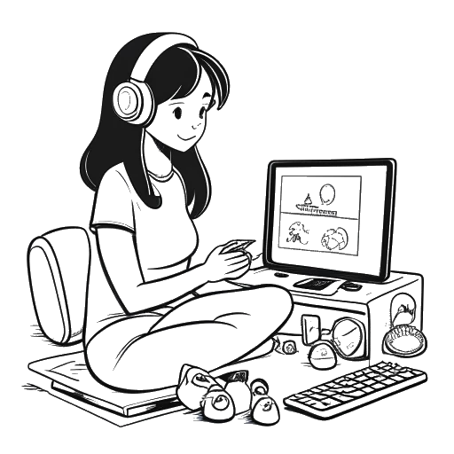Desenho de arte em linha de Corinna Kopf, uma mulher jogando videogame, com os logotipos do The Sims e do Club Penguin na tela.