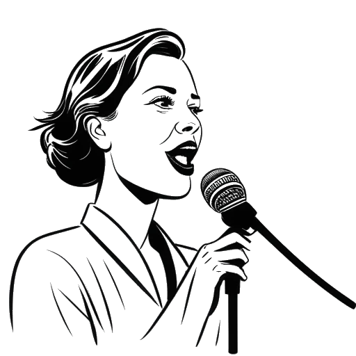 Desenho de arte de linha de Corinna Kopf, uma mulher falando em um microfone, com a bandeira alemã ao fundo.