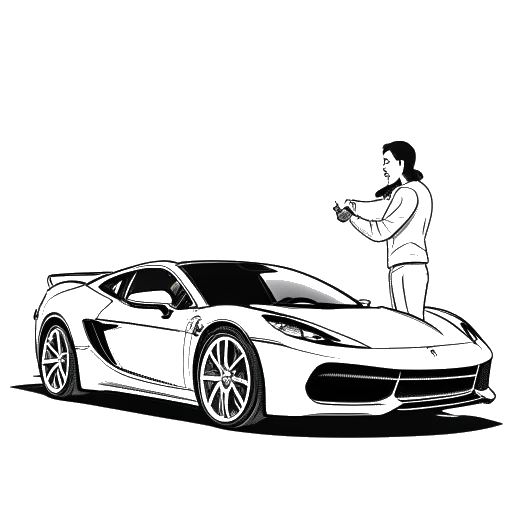 Disegno al tratto di Corinna Kopf, una donna che consegna le chiavi dell'auto a David Dobrik, con una Ferrari F8 sullo sfondo.