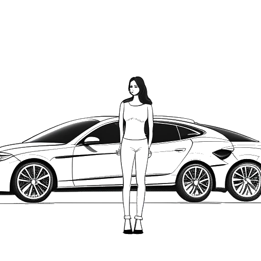 Disegno al tratto di Corinna Kopf, una donna in piedi davanti a una Tesla, una Ferrari, una Porsche e una Lamborghini.