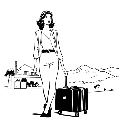 Disegno al tratto di Corinna Kopf, una donna con una valigia, in piedi davanti all'insegna di Hollywood.
