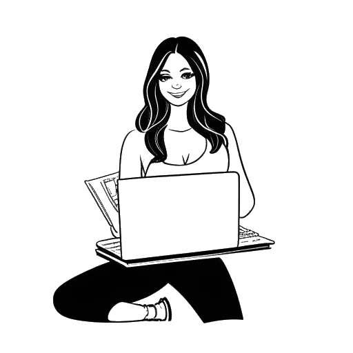 Strichzeichnung von Corinna Kopf, einer Frau, die einen großen Geldstapel hält, mit einem Laptop, auf dem das OnlyFans-Logo angezeigt wird.