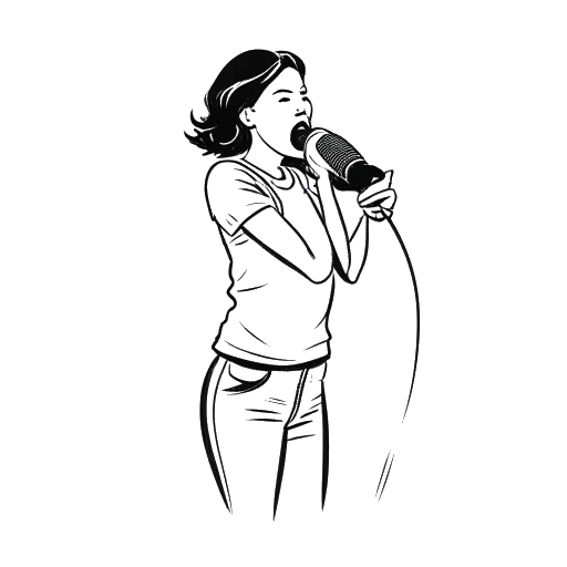 Desenho de arte de linha de Corinna Kopf, uma mulher segurando um microfone, com o logotipo "Kick" em sua camiseta.