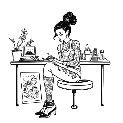 Disegno al tratto di Corinna Kopf, una donna seduta in uno studio di tatuaggi, con vari tatuaggi visibili sul corpo.