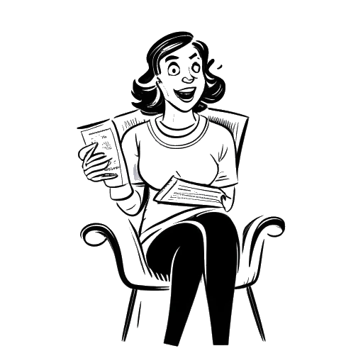 Desenho de arte de linha de Corinna Kopf, uma mulher sentada em uma cadeira, segurando um cheque grande, com uma expressão de surpresa no rosto.