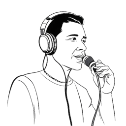 Strichzeichnung eines Mannes, der Oğuz Yılmaz darstellt, mit Kopfhörern, der in ein Mikrofon spricht.