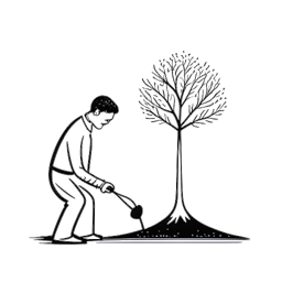 Strichzeichnung eines Mannes, der Oğuz Yılmaz darstellt, der einen Baum pflanzt, was Nachhaltigkeit symbolisiert.