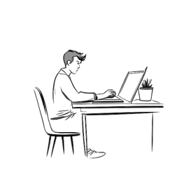 Strichzeichnung eines Mannes, der Oğuz Yılmaz darstellt, der an einem Schreibtisch sitzt, sich auf einen Computer konzentriert und Notizen macht.