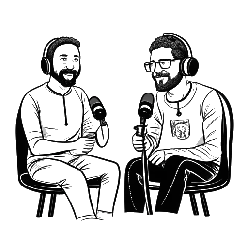 Strichzeichnung von zwei Männern, die Mikrofone halten und vor einem Podcast-Logo sitzen, und Oğuz Yılmaz und Daniel Zoll repräsentieren.