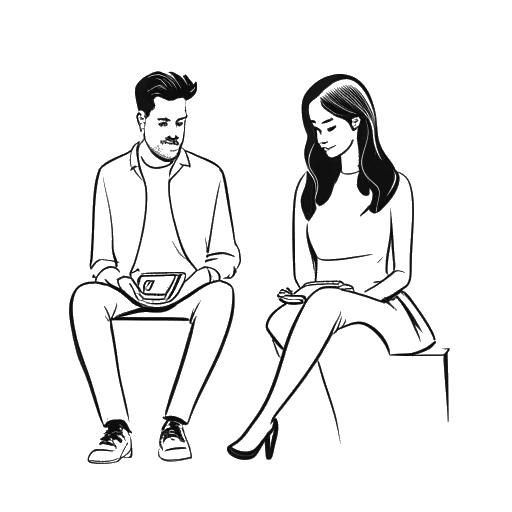 Strichzeichnung eines Mannes, der ein Smartphone hält und mit einer Frau sitzt, und Oğuz Yılmaz und Mirella Precek repräsentiert.