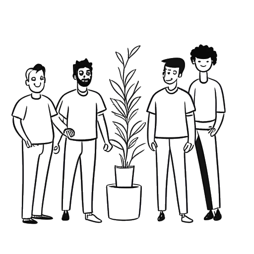 Strichzeichnung eines Mannes, der eine Pflanze hält und zusammen mit drei anderen Personen steht, und Oğuz Yılmaz sowie die Social-Media-Persönlichkeiten repräsentiert.
