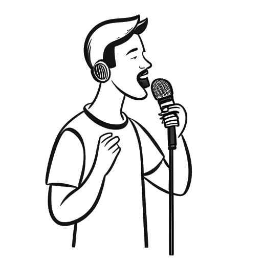 Strichzeichnung eines Mannes, der Leon Machère repräsentiert, in der einen Hand ein Mikrofon und in der anderen eine YouTube-Abspiel-Schaltfläche hält, symbolisiert seine Musik- und Online-Erfolge, vor weißem Hintergrund.