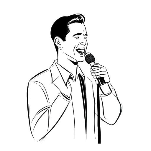 Strichzeichnung eines Mannes, der ein Mikrofon mit einem Musikdiagramm hält, das Leon Machère darstellt