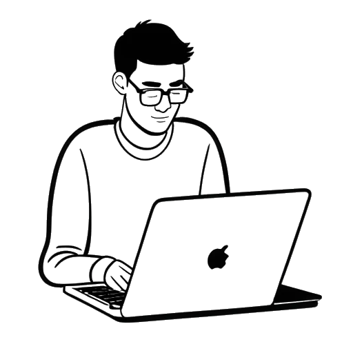 Strichzeichnung eines Mannes, der einen Laptop mit dem MySpace-Logo benutzt, das Leon Machère darstellt
